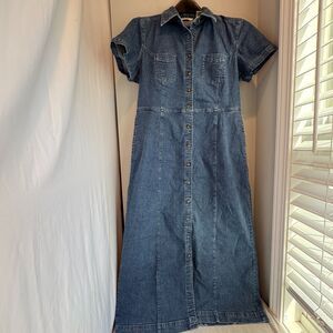 Eddie Bauer Women’s Petite M Denim Maxi Dress Short Sleeve Cotton Blend Stretch